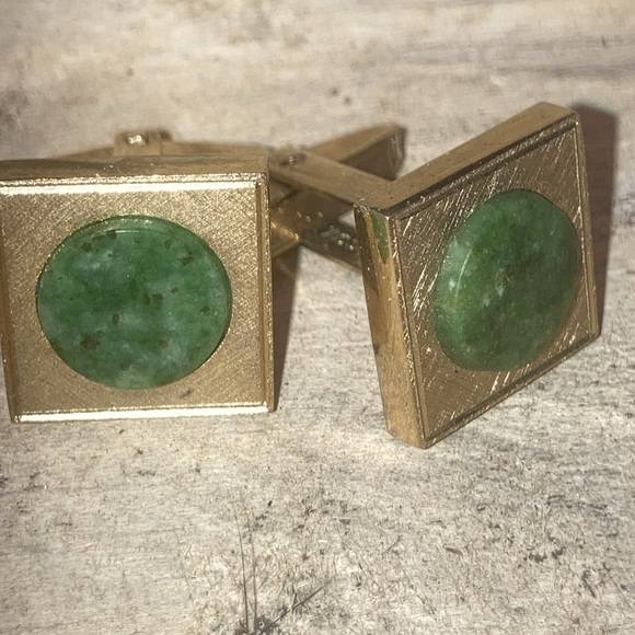 Sarah Cov. Coventry Vintage Green Jade Gold Tone Men’s Cuff Links Cuff-links - Picture 2 of 8